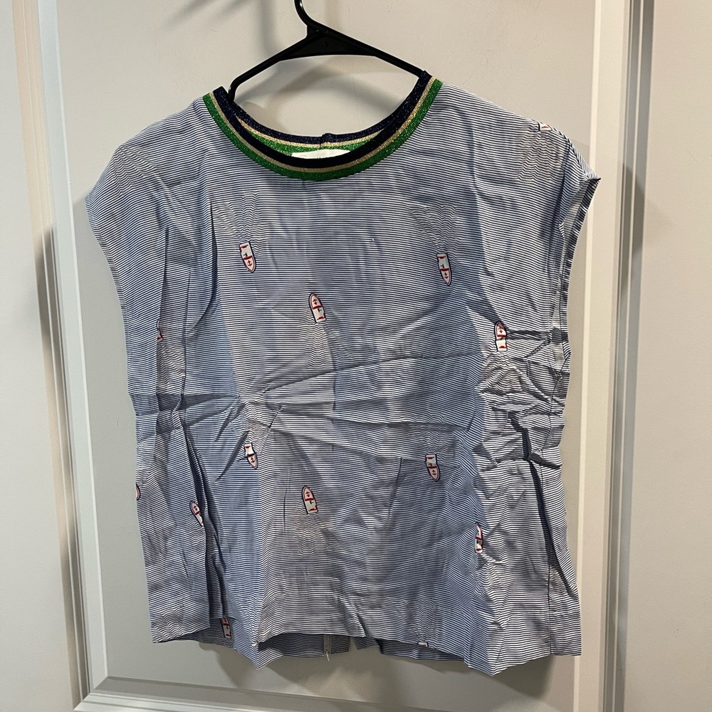 Corey Lynn Calter Blue Striped Top with Green Trim Made In USA
